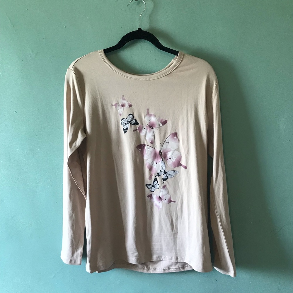 Women's Cream Long Sleeve Tee with Pink Butterfly Print